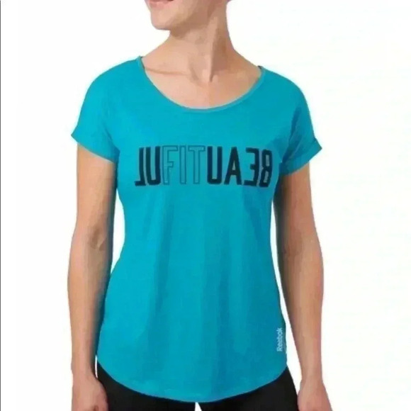 REEBOK Turquoise Scoop Neck “Beautiful” Open Criss Cross Back Athletic Tee (M) - Picture 2 of 8